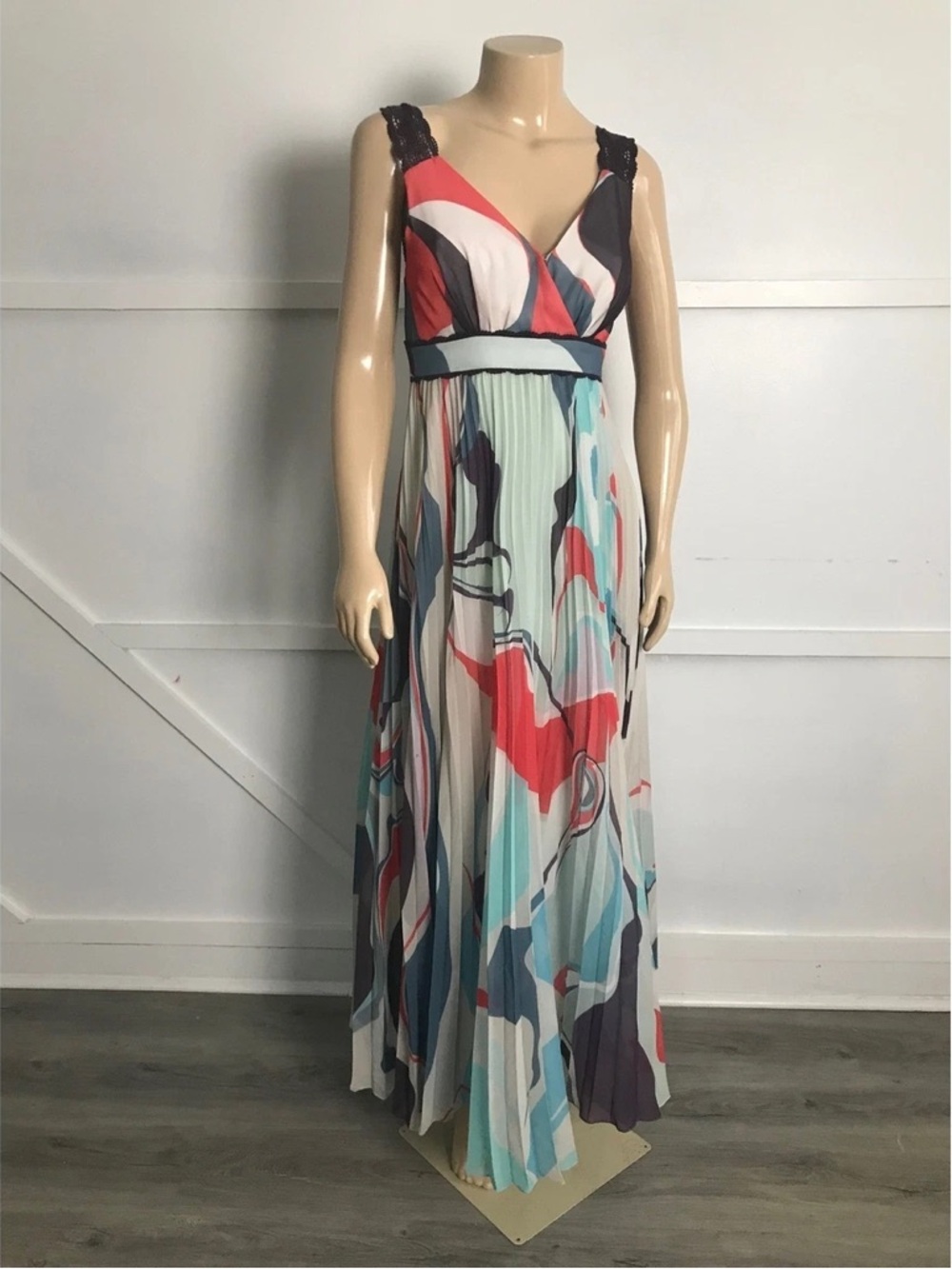 Anthropologie Geshia Designs Abstract Print Maxi Dress in Coral & Aqua